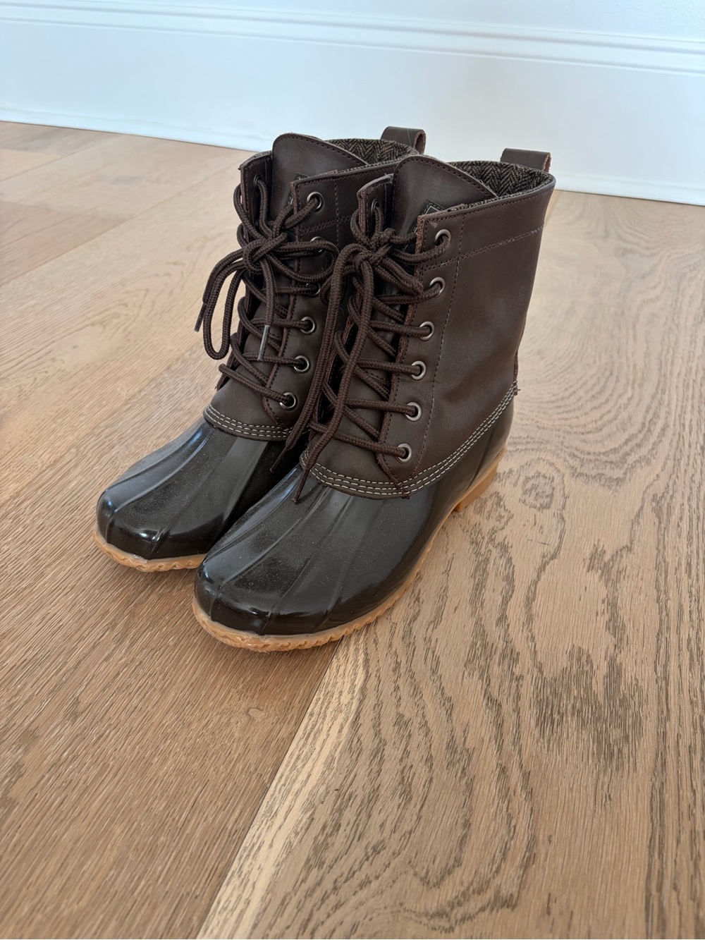 Bass Women's Dark Brown Lace-Up Rain Boots with Tan Sole